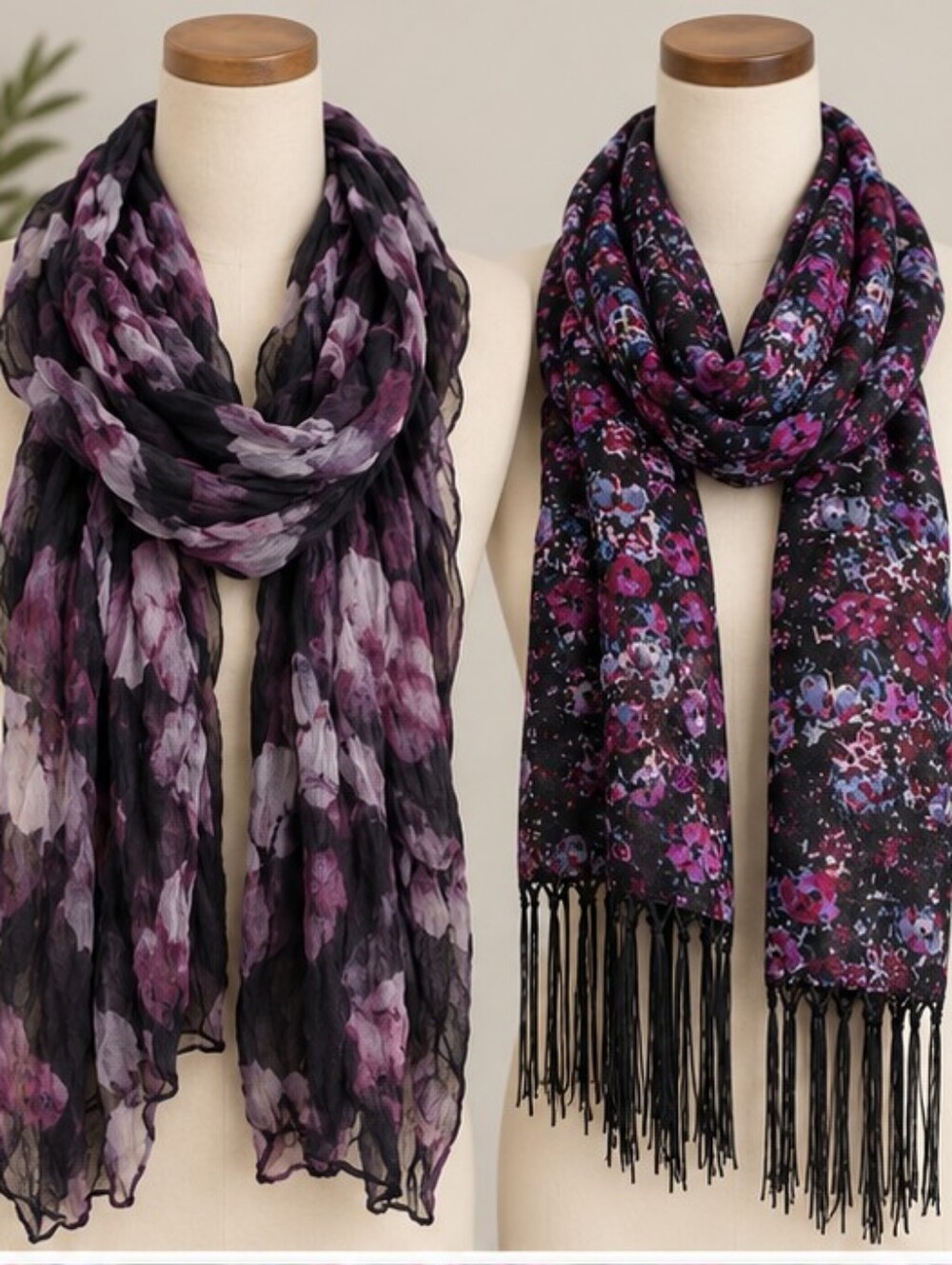 Maurices Bundle of 2 Floral Scarves Crinkle Fringe Purple Black
